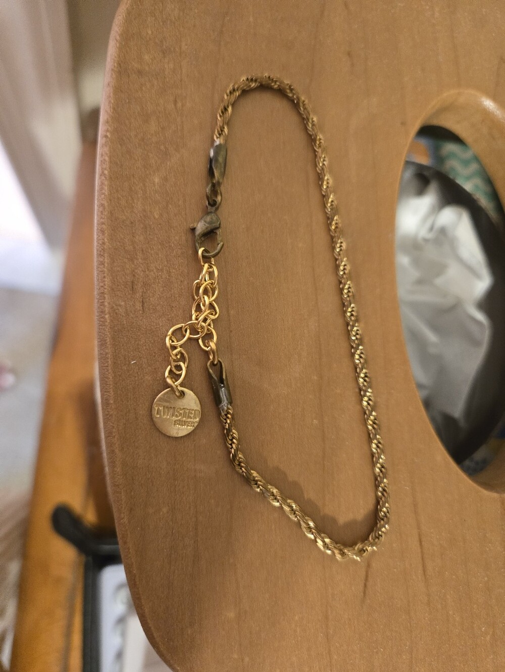 Twisted Silver Gold Rope Chain Bracelet with Logo Charm - Gold